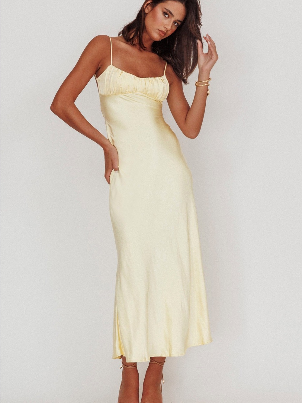 Selfie Leslie Pale Yellow Satin Slip Dress